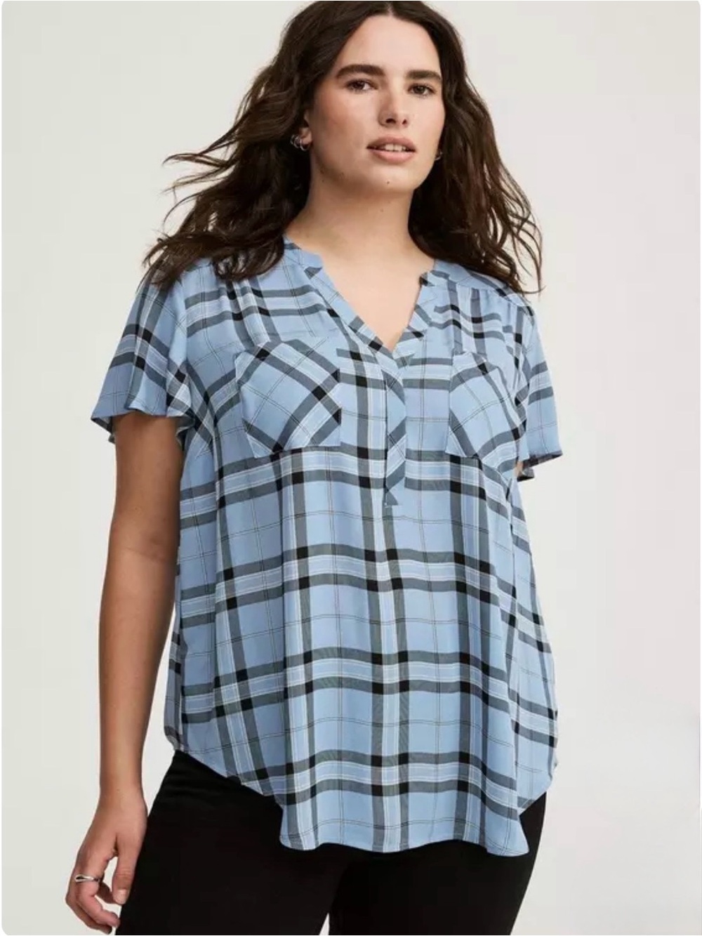 Light Blue Plaid V-Neck Short Sleeve Women's Top